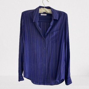 Equipment Femme 100% Silk Long Sleeve Blouse Top Blue w White Stripes-Women's XS